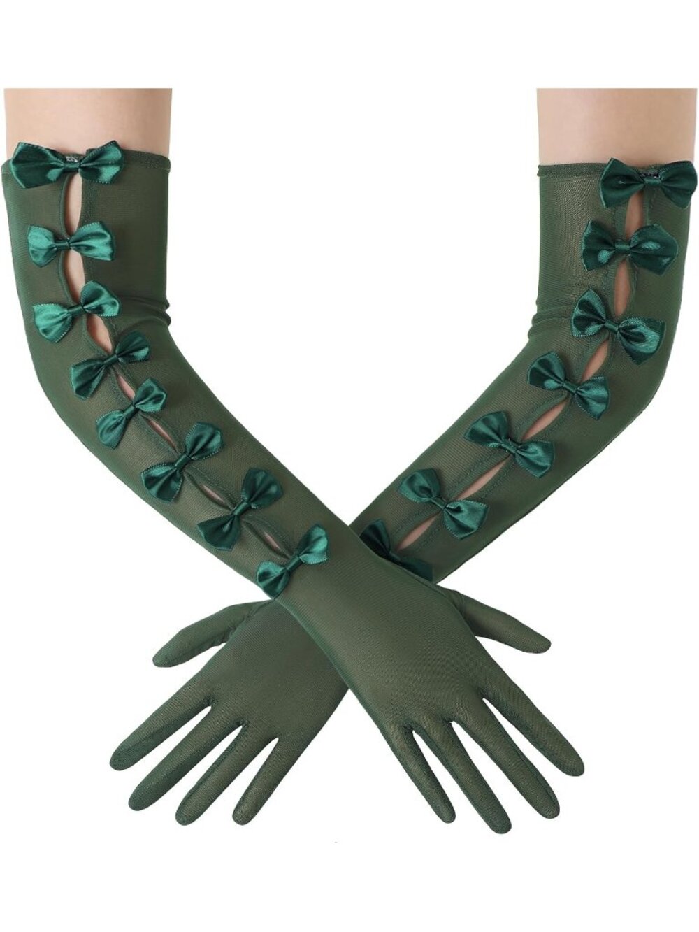 Women Green Long Tulle Mesh Opera 1920s Flapper Cutout Ribbon Bows Lace Gloves